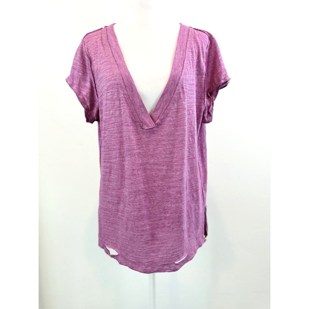 We The Free Pink V Neck Tee Medium Oversized Slub Knit Raw Hem Boho Top